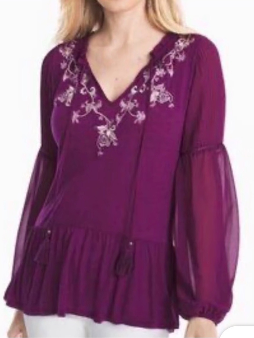 White House Black Market Purple Embroidered Peasant Top XSP